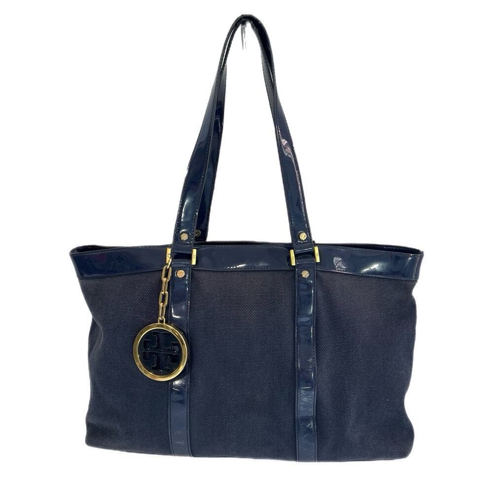 Tory Burch Canvas Jane Tote Shoulder Bag Beach Navy Blue Double Straps Travel